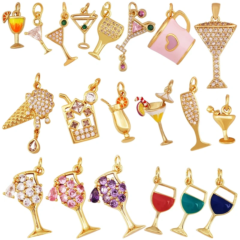 Fashion Cute Win Glass Cups Icecream Drinking Tea Pot Charm Pendant,18K Real Gold Plated Zircon Jewelry Finding Supplies S78