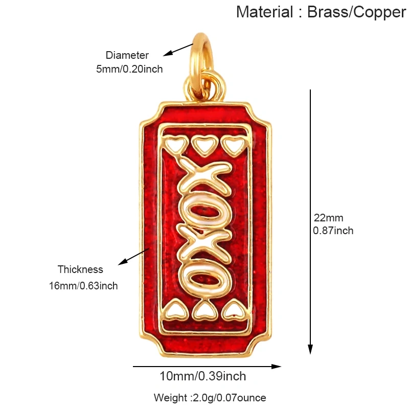 Glitter Red Kiss XOXO Love Heart Envelpe Charm, Brass 18K Gold Plated Necklace Bracelet DIY Jewelry Findings Making Supplies S61