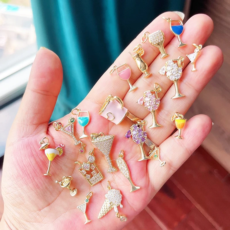 Fashion Cute Win Glass Cups Icecream Drinking Tea Pot Charm Pendant,18K Real Gold Plated Zircon Jewelry Finding Supplies S78
