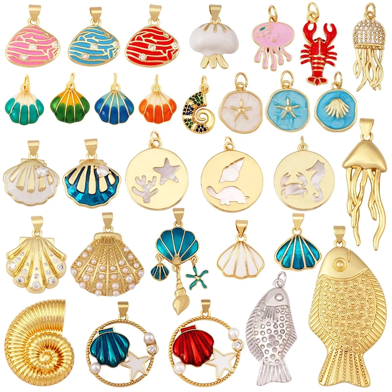 Jellyfish Ocean Shell Conch Red Lobster Sea Fish Shrimp Charm Pendant,Gold Plated Zircon Jewelry Findings Supply S73