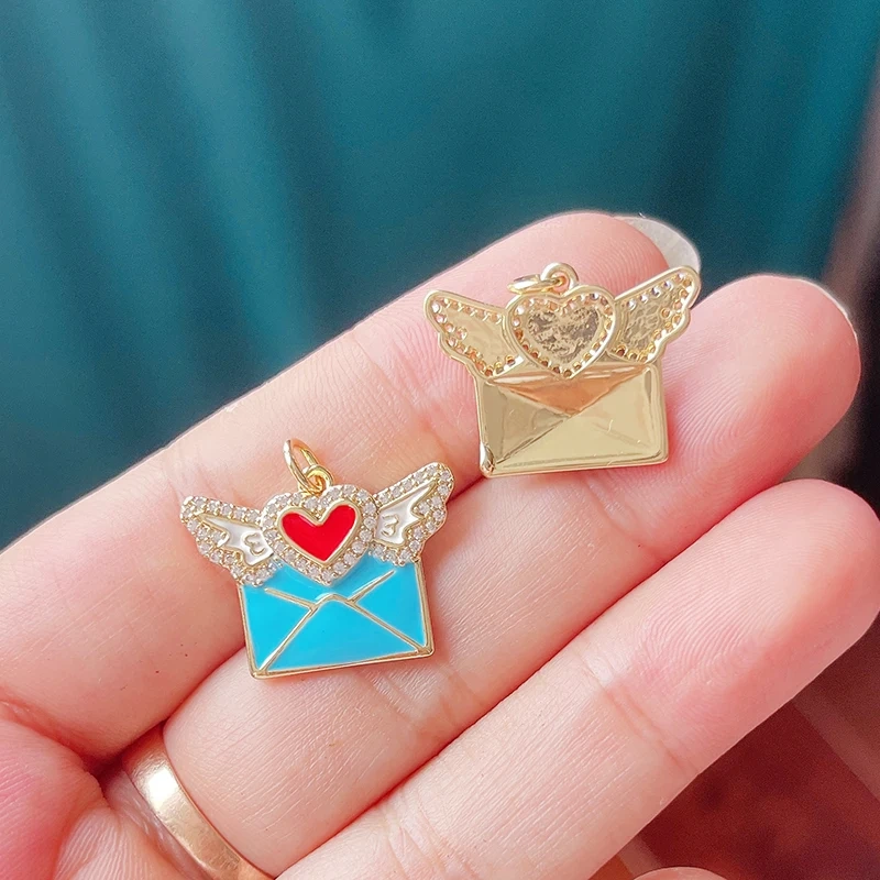 Glitter Red Kiss XOXO Love Heart Envelpe Charm, Brass 18K Gold Plated Necklace Bracelet DIY Jewelry Findings Making Supplies S61