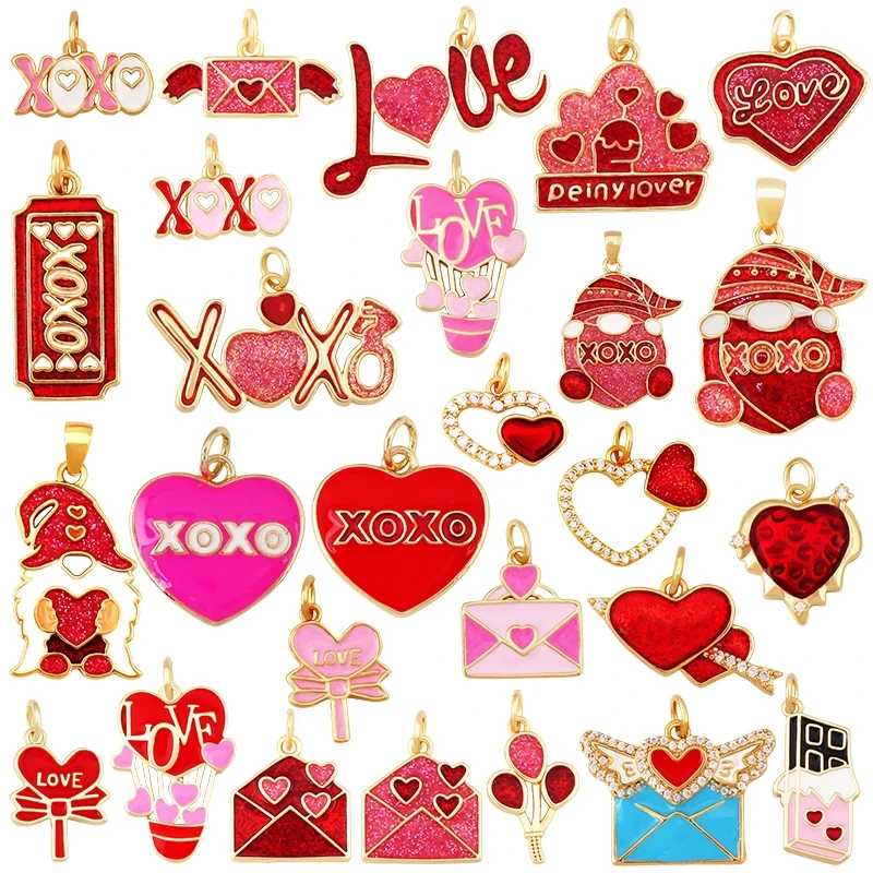 Glitter Red Kiss XOXO Love Heart Envelpe Charm, Brass 18K Gold Plated Necklace Bracelet DIY Jewelry Findings Making Supplies S61
