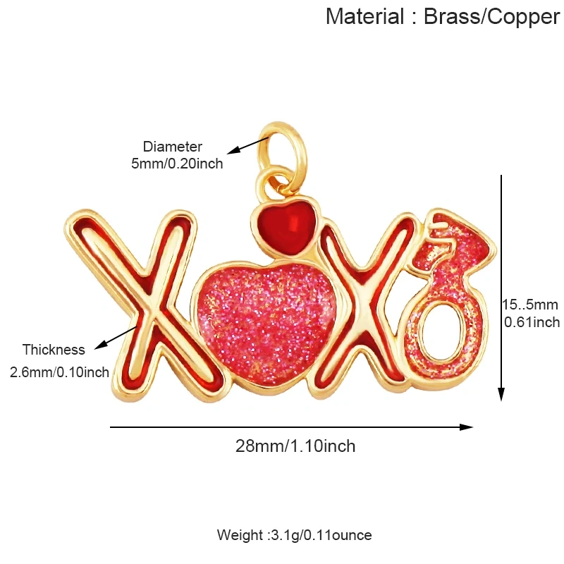 Glitter Red Kiss XOXO Love Heart Envelpe Charm, Brass 18K Gold Plated Necklace Bracelet DIY Jewelry Findings Making Supplies S61