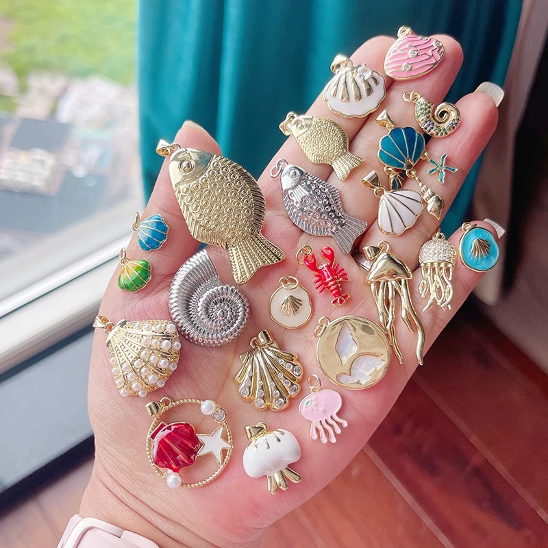 Jellyfish Ocean Shell Conch Red Lobster Sea Fish Shrimp Charm Pendant,Gold Plated Zircon Jewelry Findings Supply S73