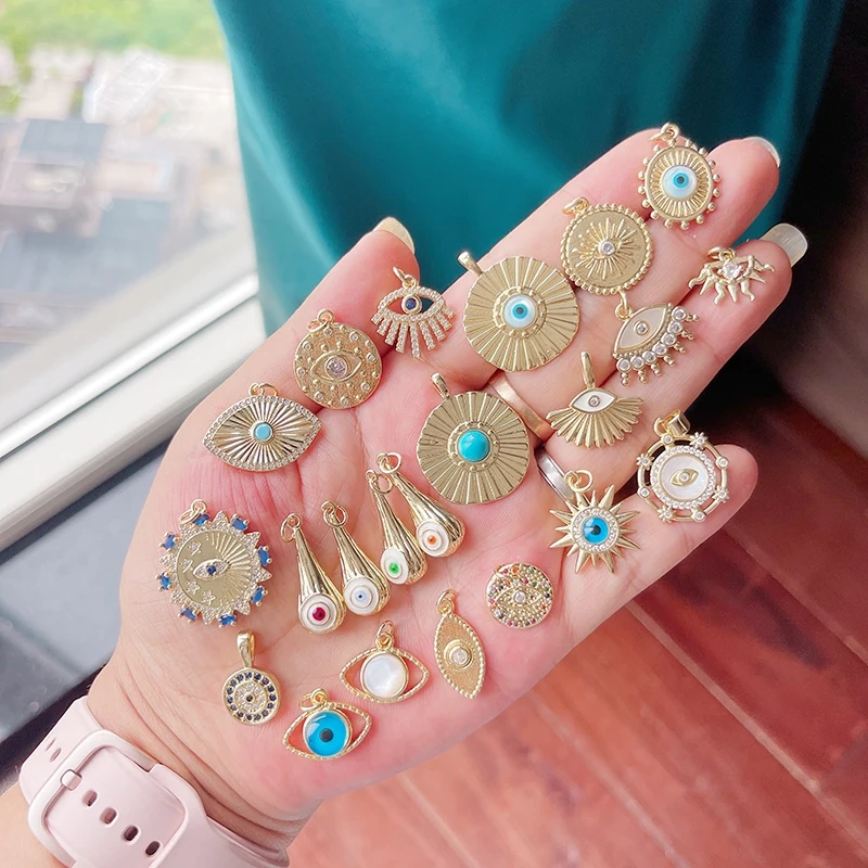 Blue Evil Eye Turkish Shell Round Charm,18K Real Gold Plated , Jewelry Necklace Bracelet Accessories Supplies S73