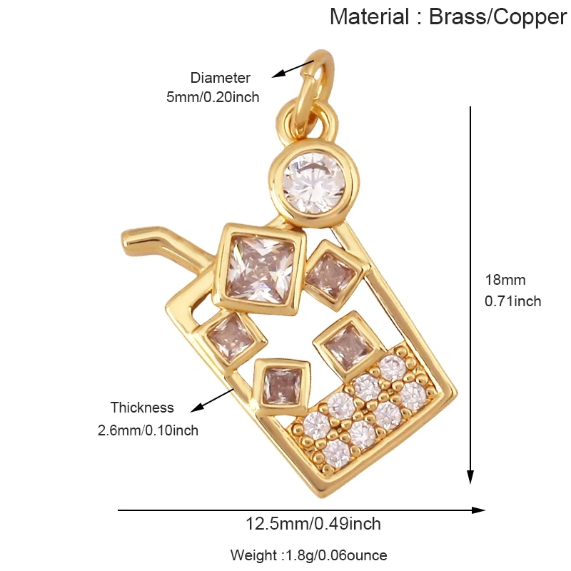 Fashion Cute Win Glass Cups Icecream Drinking Tea Pot Charm Pendant,18K Real Gold Plated Zircon Jewelry Finding Supplies S78