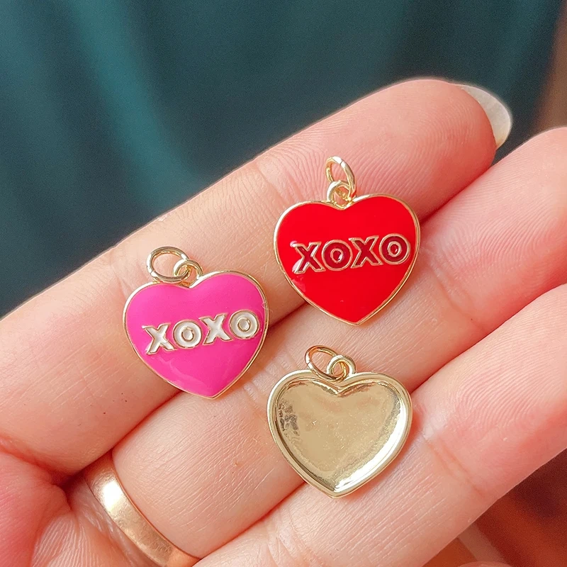Glitter Red Kiss XOXO Love Heart Envelpe Charm, Brass 18K Gold Plated Necklace Bracelet DIY Jewelry Findings Making Supplies S61