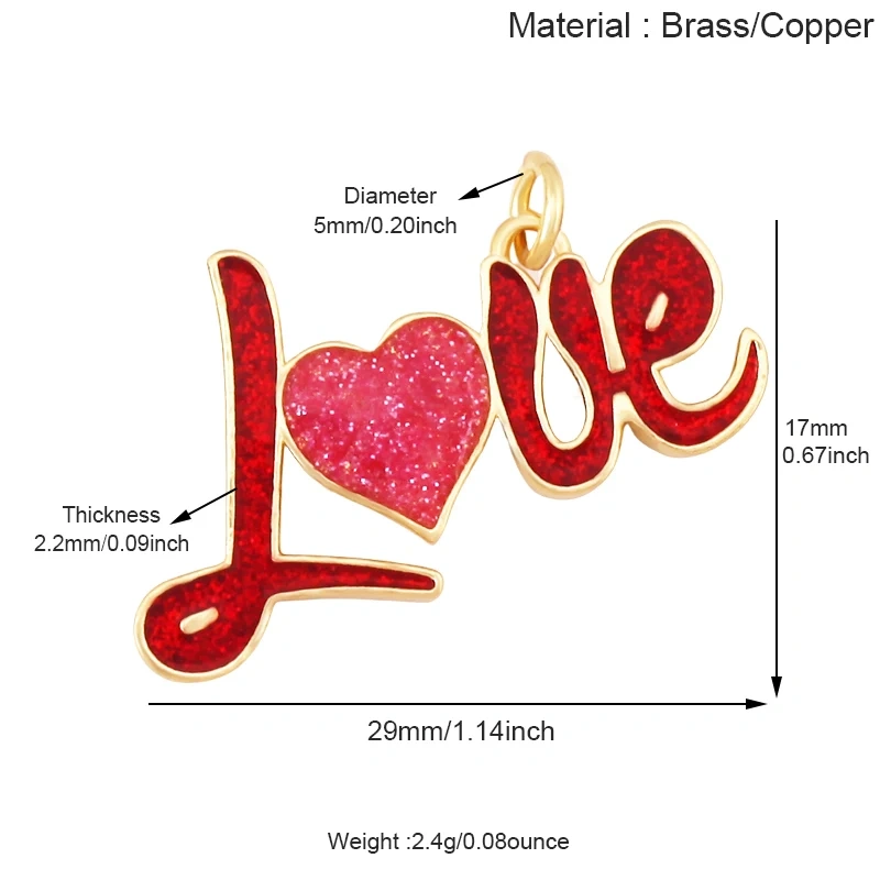 Glitter Red Kiss XOXO Love Heart Envelpe Charm, Brass 18K Gold Plated Necklace Bracelet DIY Jewelry Findings Making Supplies S61