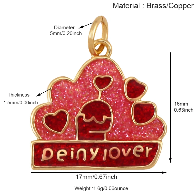 Glitter Red Kiss XOXO Love Heart Envelpe Charm, Brass 18K Gold Plated Necklace Bracelet DIY Jewelry Findings Making Supplies S61