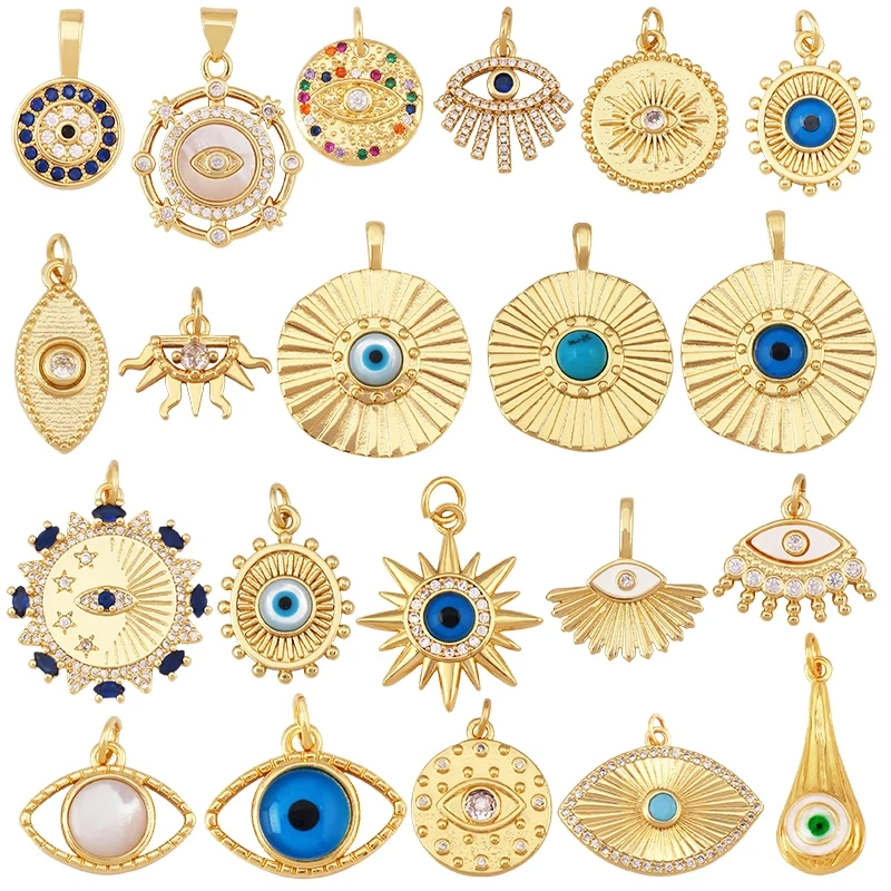 Blue Evil Eye Turkish Shell Round Charm,18K Real Gold Plated , Jewelry Necklace Bracelet Accessories Supplies S73