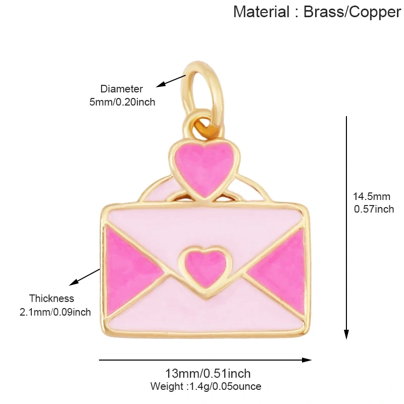 Glitter Red Kiss XOXO Love Heart Envelpe Charm, Brass 18K Gold Plated Necklace Bracelet DIY Jewelry Findings Making Supplies S61
