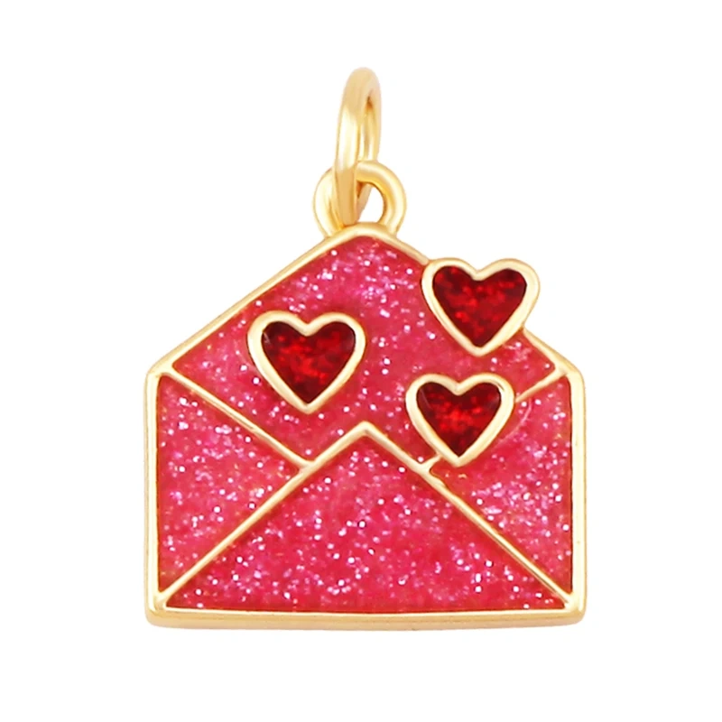 Glitter Red Kiss XOXO Love Heart Envelpe Charm, Brass 18K Gold Plated Necklace Bracelet DIY Jewelry Findings Making Supplies S61