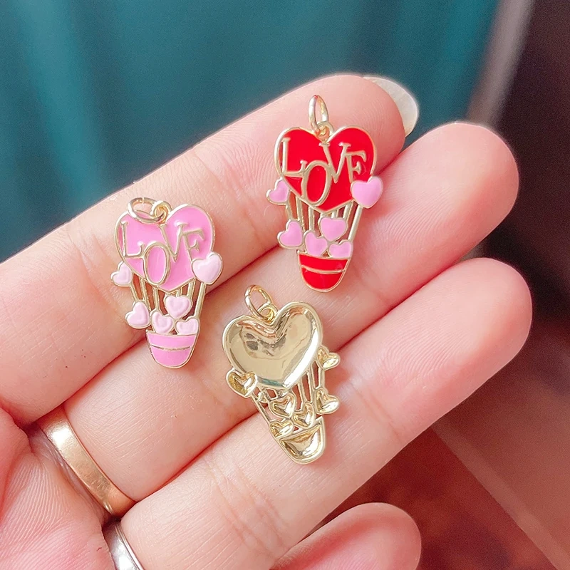 Glitter Red Kiss XOXO Love Heart Envelpe Charm, Brass 18K Gold Plated Necklace Bracelet DIY Jewelry Findings Making Supplies S61