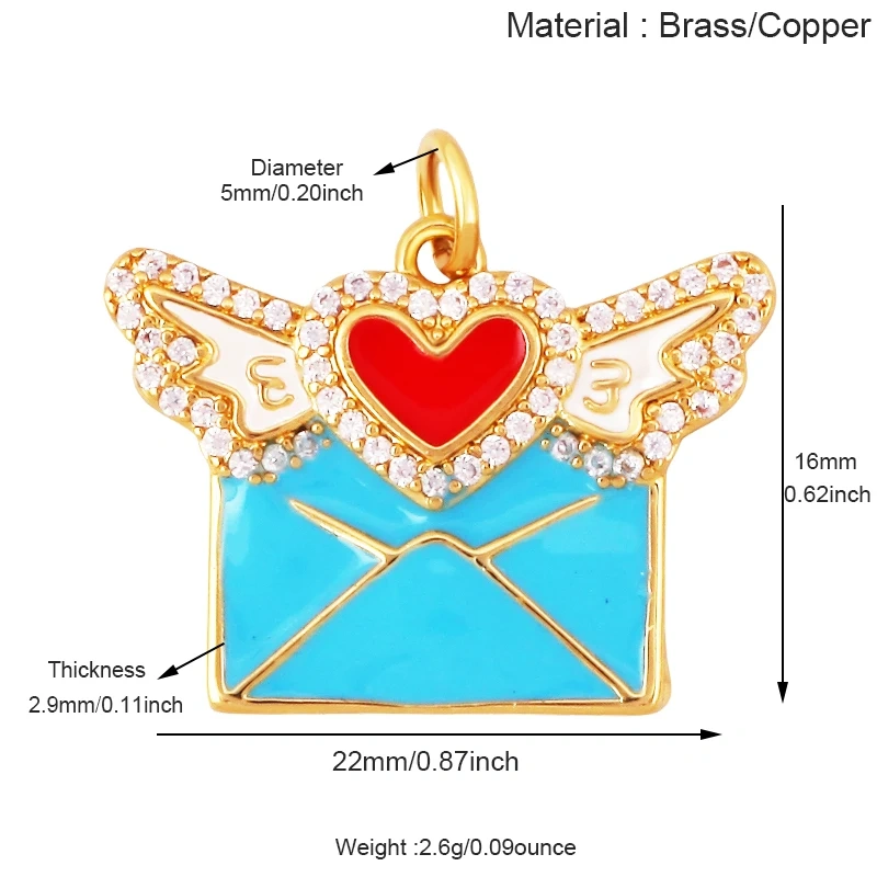 Glitter Red Kiss XOXO Love Heart Envelpe Charm, Brass 18K Gold Plated Necklace Bracelet DIY Jewelry Findings Making Supplies S61