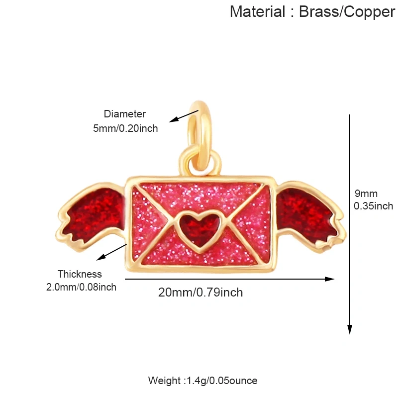 Glitter Red Kiss XOXO Love Heart Envelpe Charm, Brass 18K Gold Plated Necklace Bracelet DIY Jewelry Findings Making Supplies S61