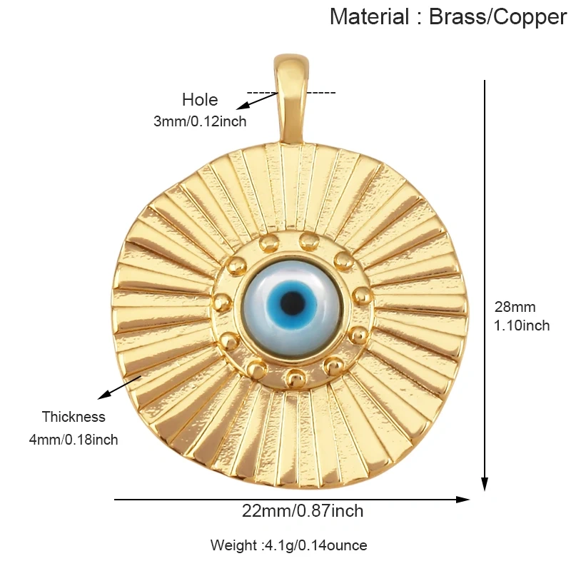 Blue Evil Eye Turkish Shell Round Charm,18K Real Gold Plated , Jewelry Necklace Bracelet Accessories Supplies S73
