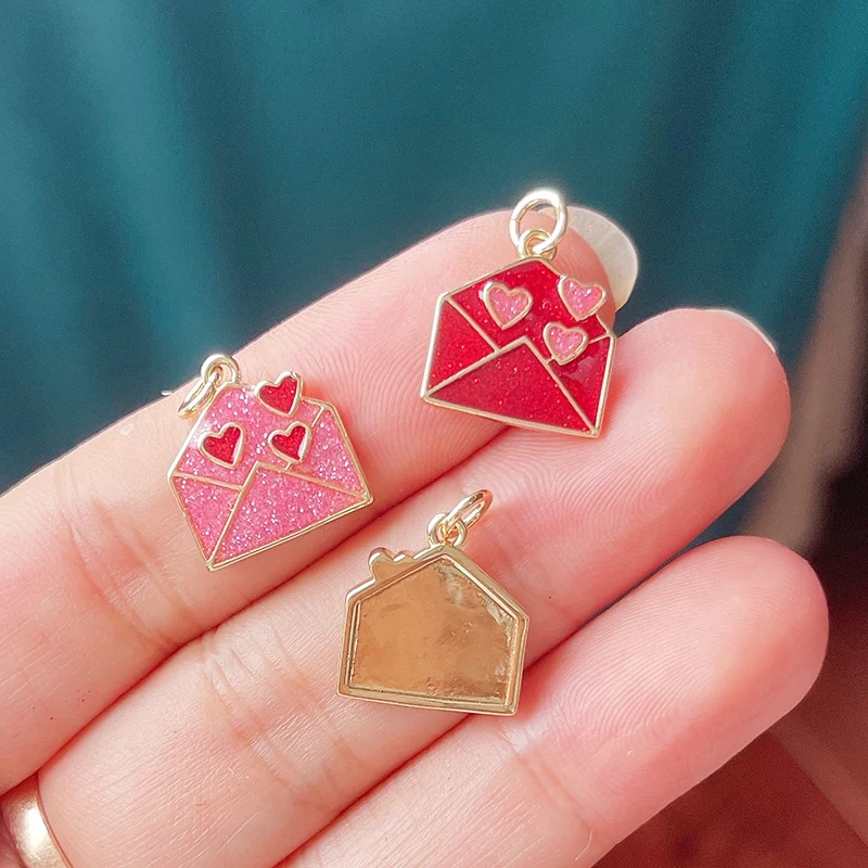 Glitter Red Kiss XOXO Love Heart Envelpe Charm, Brass 18K Gold Plated Necklace Bracelet DIY Jewelry Findings Making Supplies S61