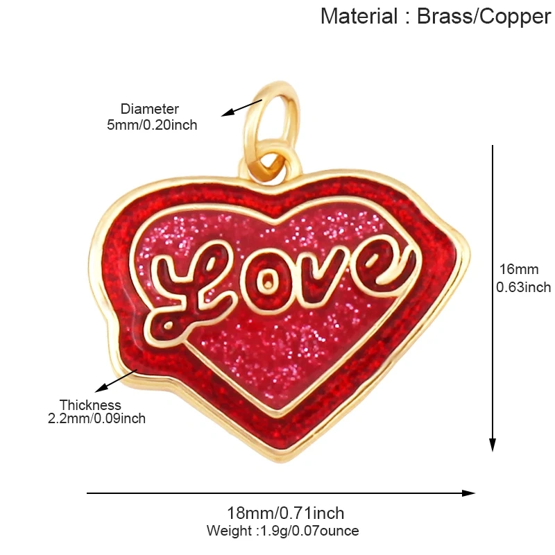 Glitter Red Kiss XOXO Love Heart Envelpe Charm, Brass 18K Gold Plated Necklace Bracelet DIY Jewelry Findings Making Supplies S61