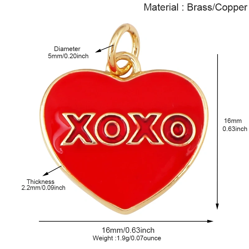 Glitter Red Kiss XOXO Love Heart Envelpe Charm, Brass 18K Gold Plated Necklace Bracelet DIY Jewelry Findings Making Supplies S61