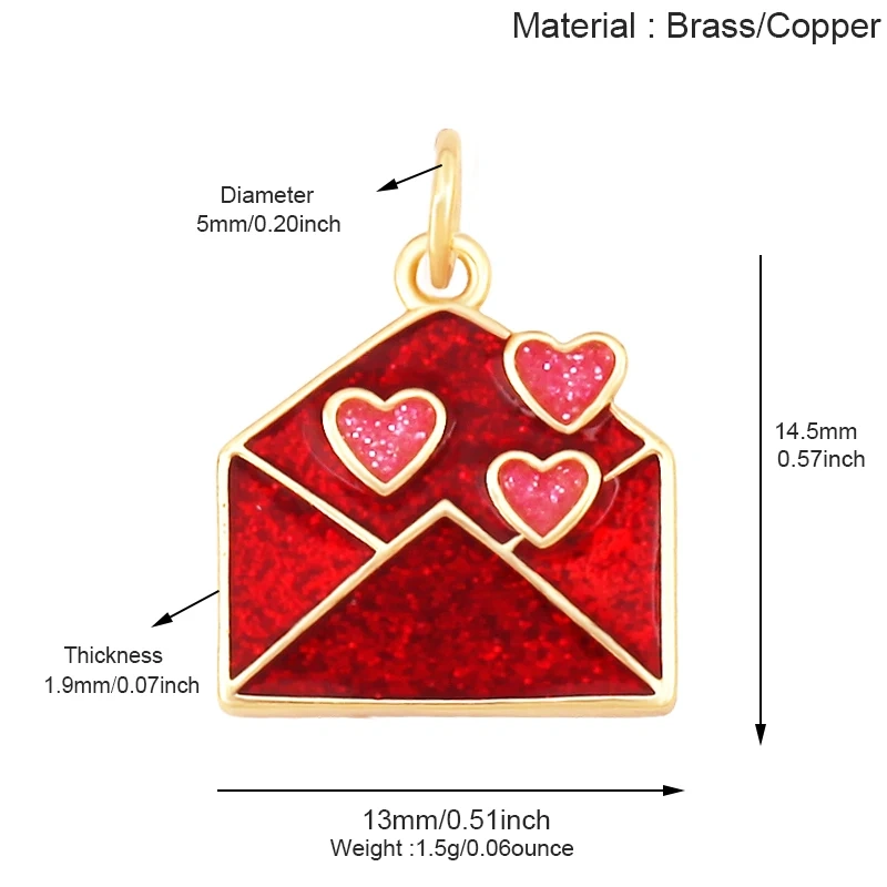 Glitter Red Kiss XOXO Love Heart Envelpe Charm, Brass 18K Gold Plated Necklace Bracelet DIY Jewelry Findings Making Supplies S61
