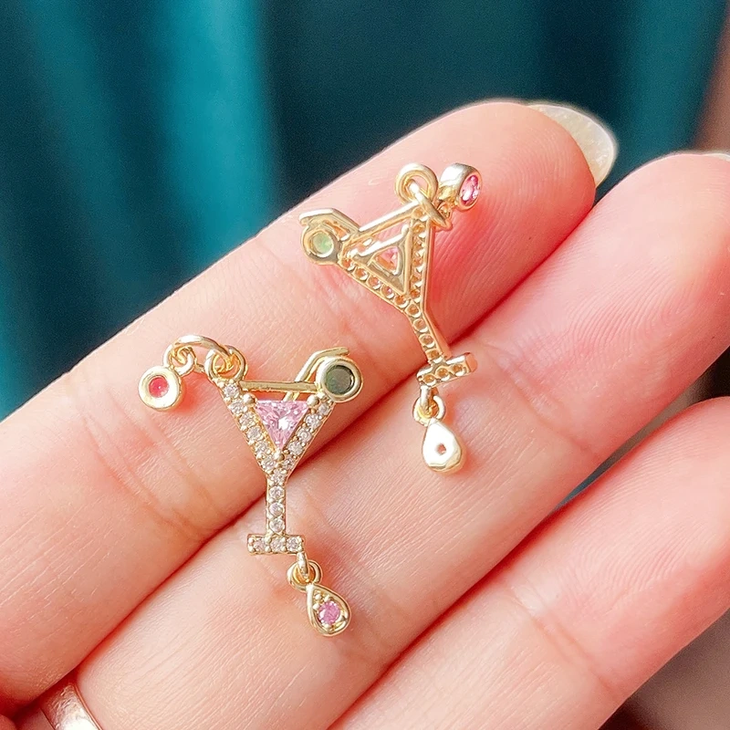 Fashion Cute Win Glass Cups Icecream Drinking Tea Pot Charm Pendant,18K Real Gold Plated Zircon Jewelry Finding Supplies S78