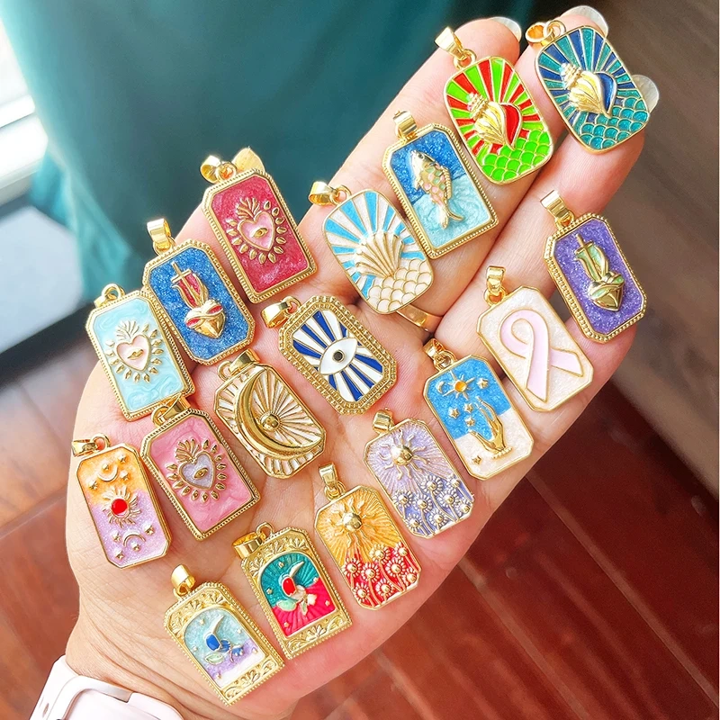 Enamel Fish Parrot Scared Heart Sun Flower Ins Conch Fish Charm Pendant,18K Real Gold Plated Zircon Jewelry Finding Supplies S85