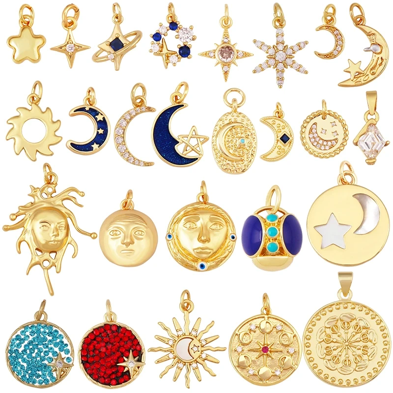 Fashion Blue Moon North Polar Star CZ Charm Pendant, 18K Gold Plated Cubic Zirconia DIY Jewelry Necklace Bracelet Supplies S52