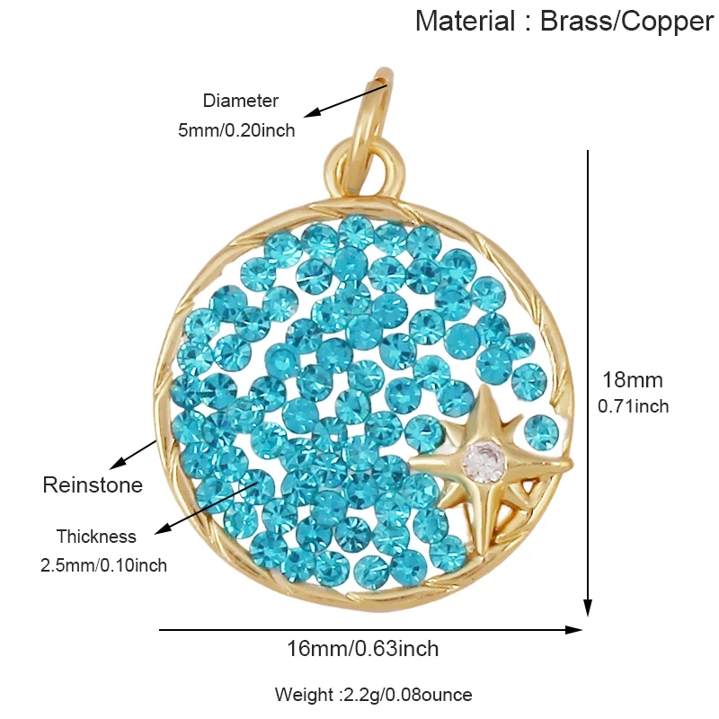 Fashion Blue Moon North Polar Star CZ Charm Pendant, 18K Gold Plated Cubic Zirconia DIY Jewelry Necklace Bracelet Supplies S52