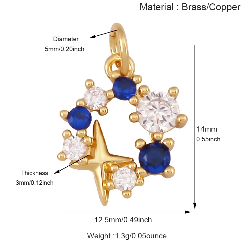 Fashion Blue Moon North Polar Star CZ Charm Pendant, 18K Gold Plated Cubic Zirconia DIY Jewelry Necklace Bracelet Supplies S52