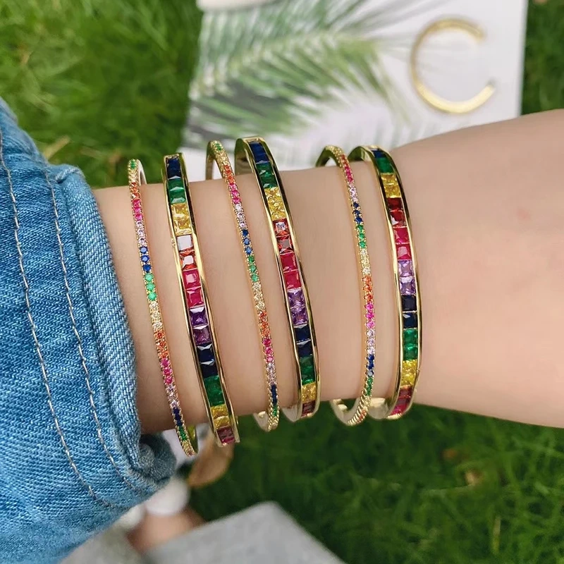 时尚双层风格18k镀黄铜彩虹锆石手链，精致奢华多形水晶手镯魅力饰品