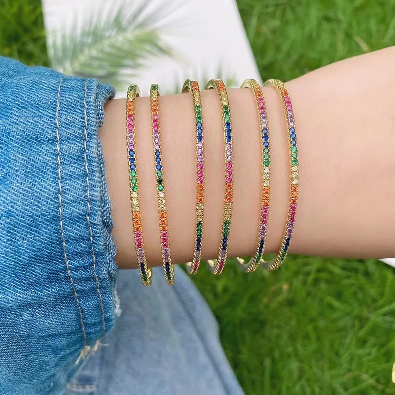 时尚双层风格18k镀黄铜彩虹锆石手链，精致奢华多形水晶手镯魅力饰品
