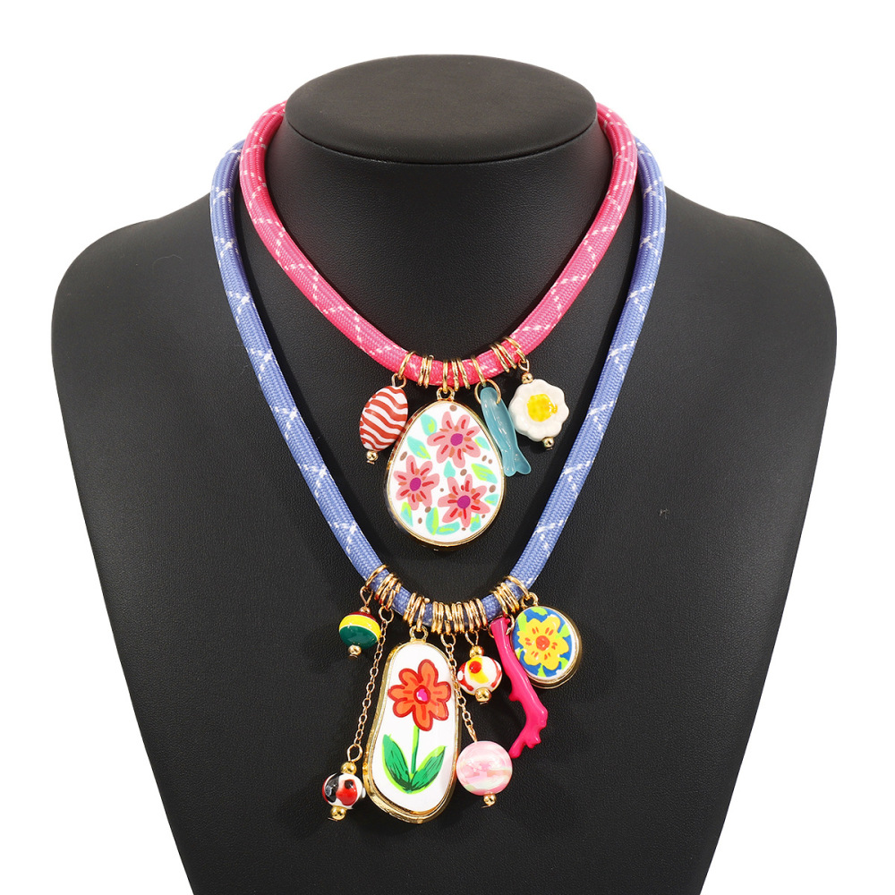 N12678 Bohemian ZA summer multi-element pendant necklace cute flower frangipani fish coral clavicle chain