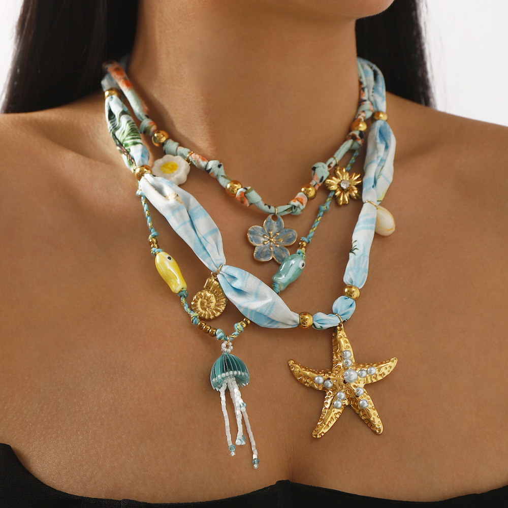 ZN0642 Bohemian Summer Vacation Silk Scarf Braided Rope Stainless Steel Flower Marine Life Starfish Pendant Necklace