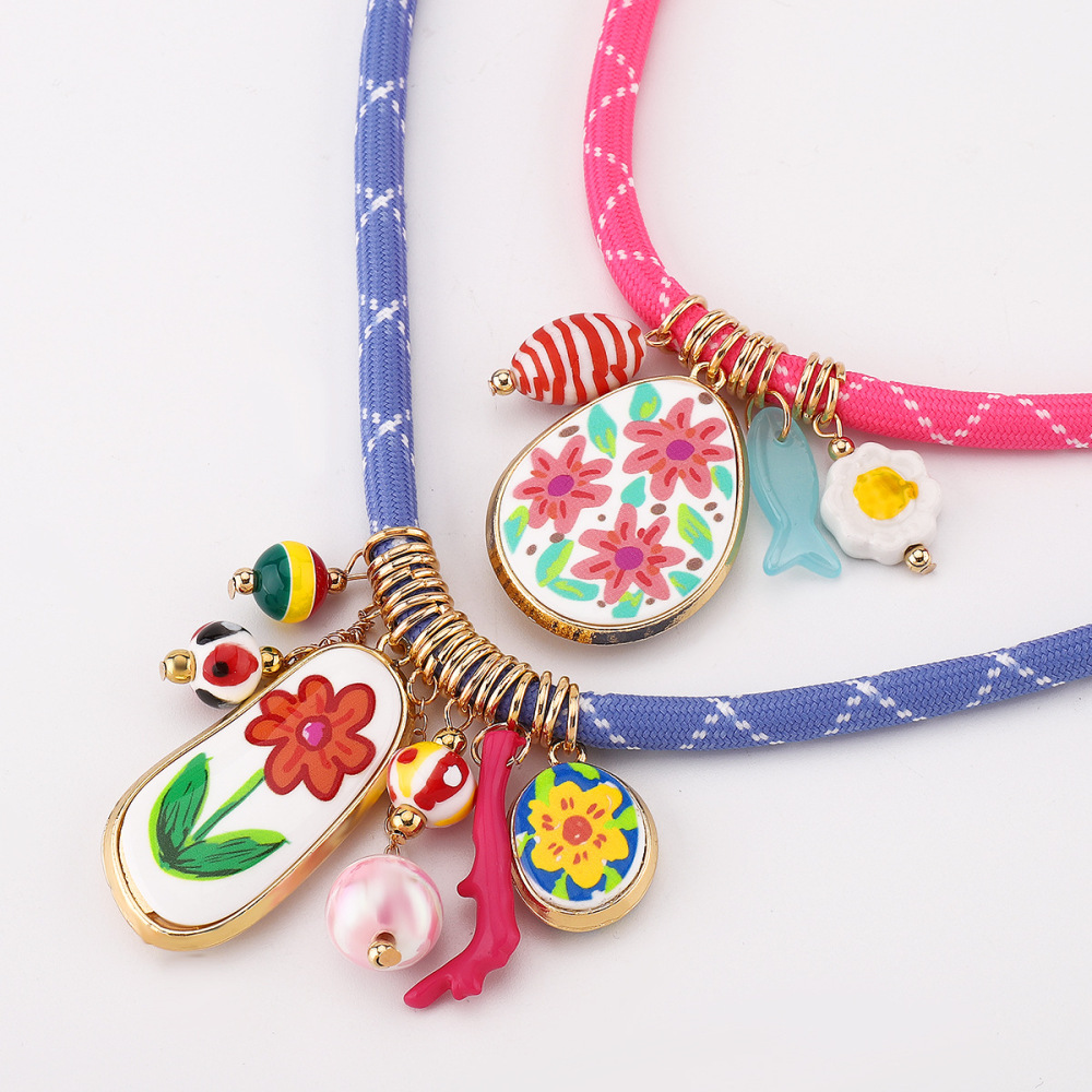 N12678 Bohemian ZA summer multi-element pendant necklace cute flower frangipani fish coral clavicle chain