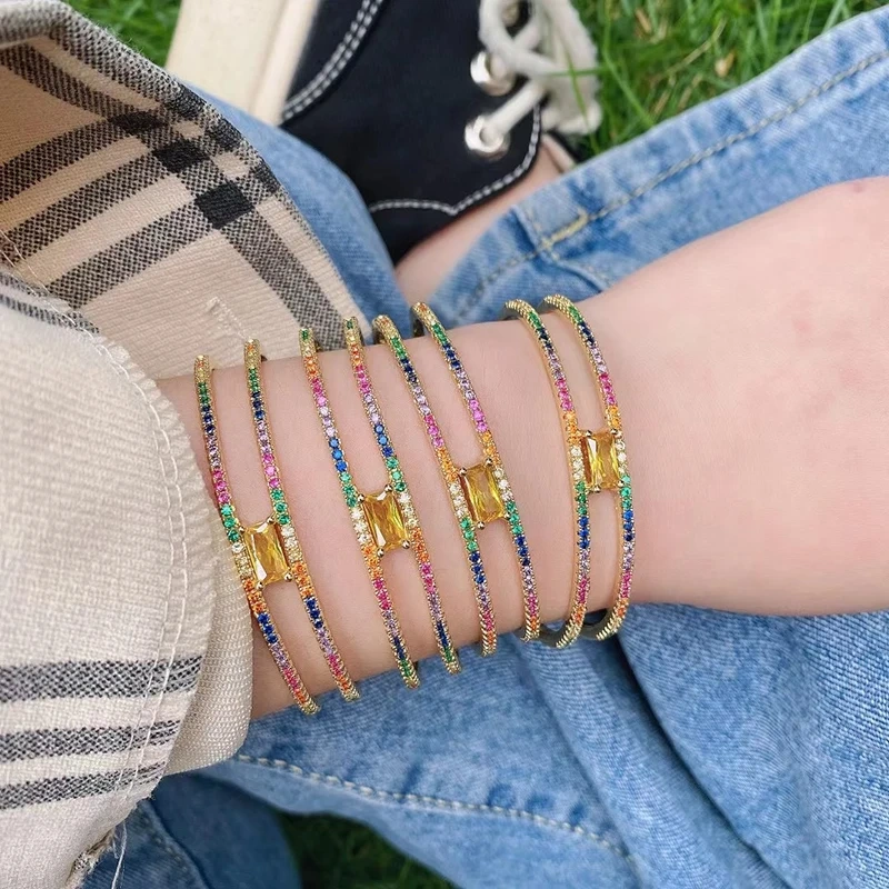 时尚双层风格18k镀黄铜彩虹锆石手链，精致奢华多形水晶手镯魅力饰品