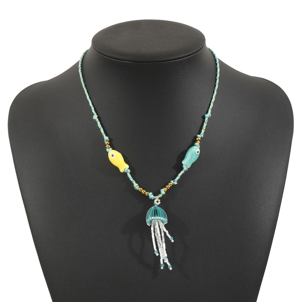 ZN0642 Bohemian Summer Vacation Silk Scarf Braided Rope Stainless Steel Flower Marine Life Starfish Pendant Necklace