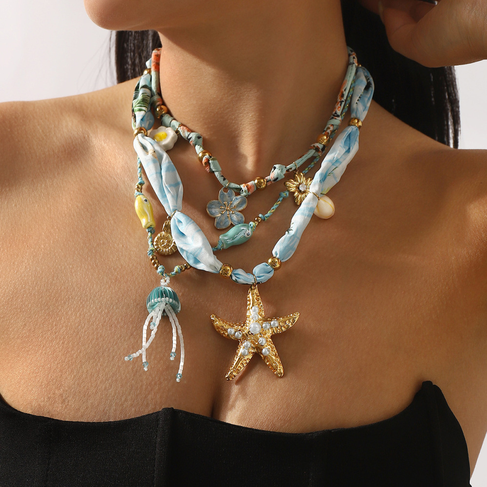 ZN0642 Bohemian Summer Vacation Silk Scarf Braided Rope Stainless Steel Flower Marine Life Starfish Pendant Necklace