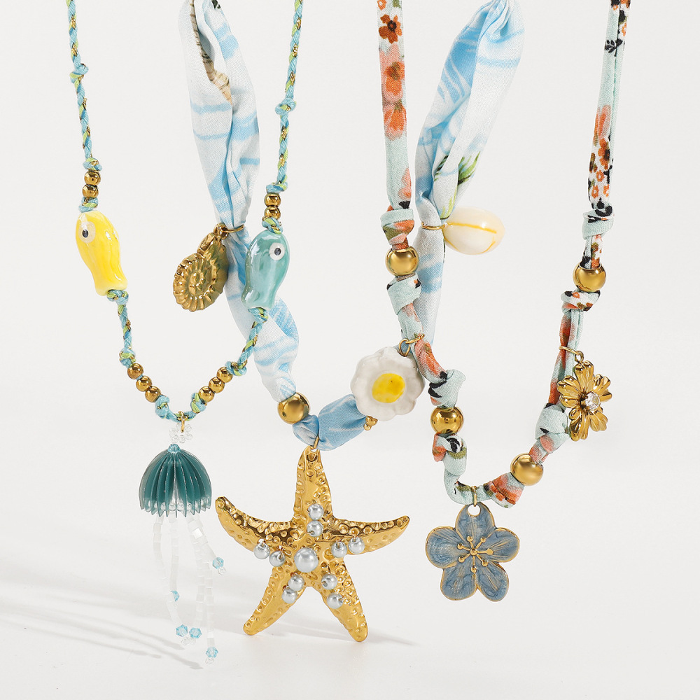 ZN0642 Bohemian Summer Vacation Silk Scarf Braided Rope Stainless Steel Flower Marine Life Starfish Pendant Necklace