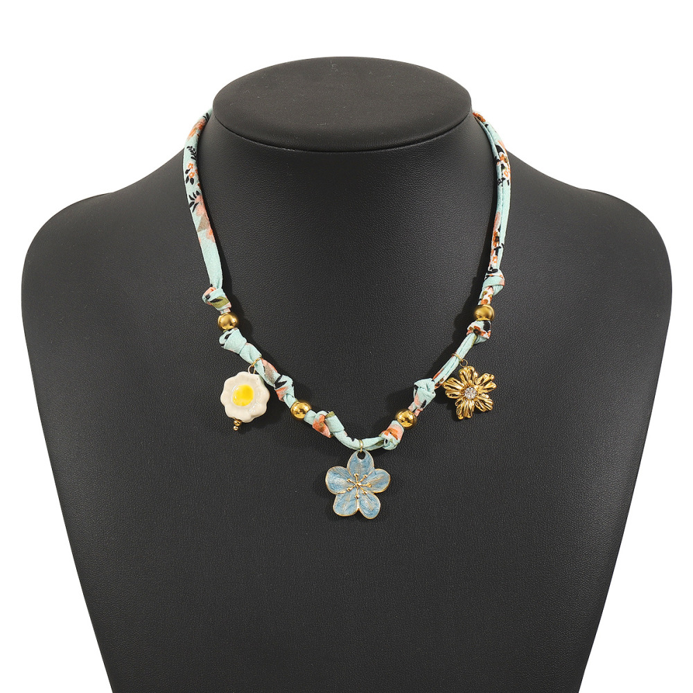 ZN0642 Bohemian Summer Vacation Silk Scarf Braided Rope Stainless Steel Flower Marine Life Starfish Pendant Necklace