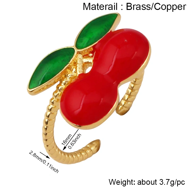 Fruit Red Cherry Strawberry Finger Ring,18K Real Gold Plated Open Adjustable Rings Charm Jewelry Findings Supplies S60