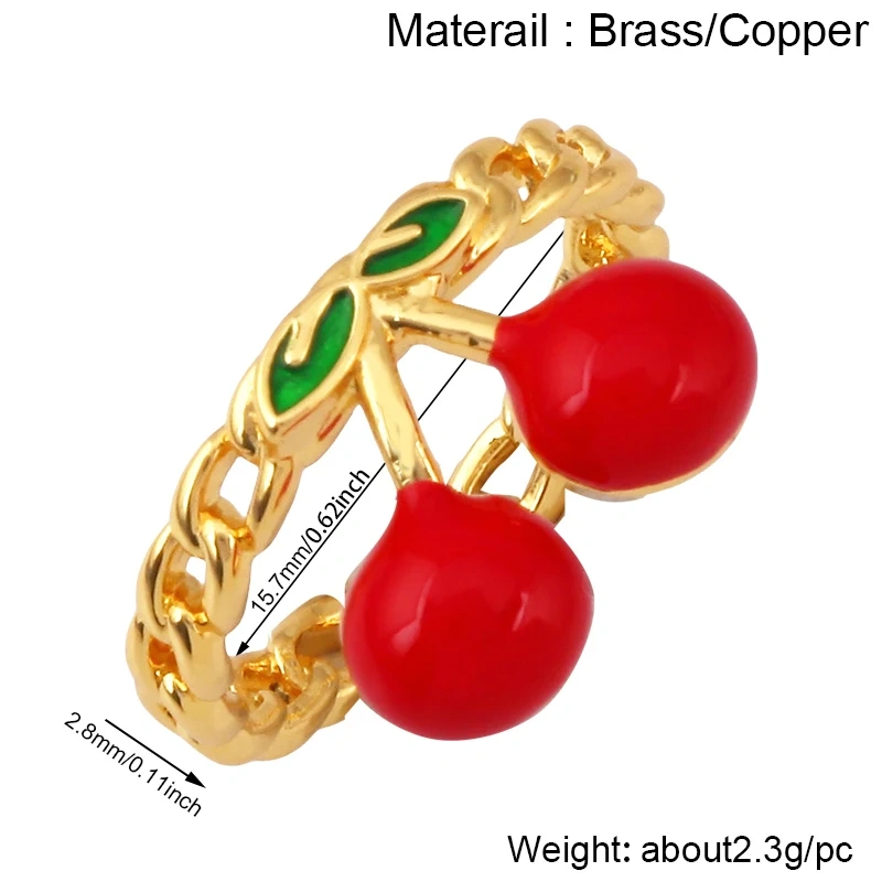 Fruit Red Cherry Strawberry Finger Ring,18K Real Gold Plated Open Adjustable Rings Charm Jewelry Findings Supplies S60
