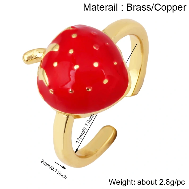 Fruit Red Cherry Strawberry Finger Ring,18K Real Gold Plated Open Adjustable Rings Charm Jewelry Findings Supplies S60