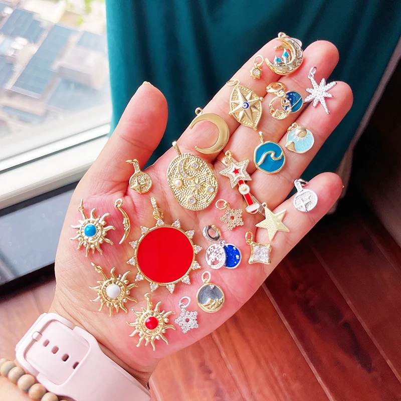 Trendy Red Sun Blue Night Star Moon Universe Celestial Rainbow Charm Pendant,Gold Plated Zircon Jewelry Findings Supply S09