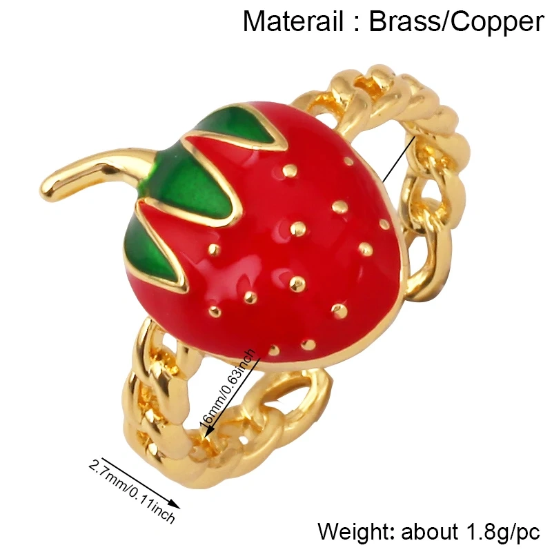Fruit Red Cherry Strawberry Finger Ring,18K Real Gold Plated Open Adjustable Rings Charm Jewelry Findings Supplies S60