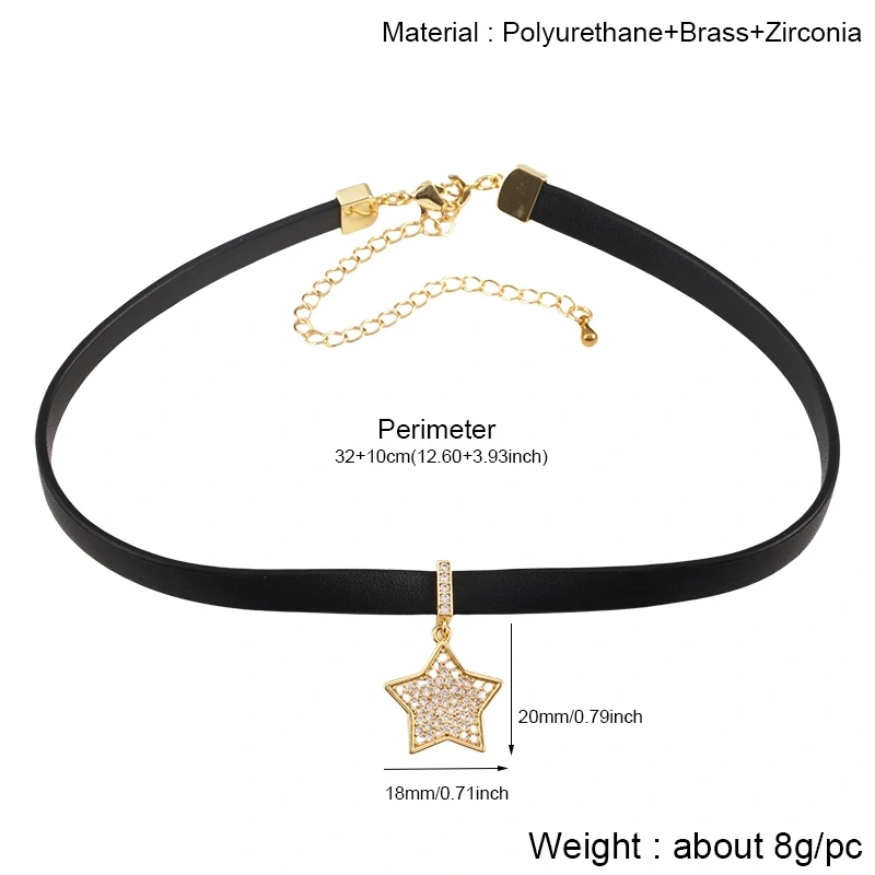 Black Heart Star Oval Choker Short CZ PU Leather Necklace, Plated with real gold,not easy to tarnish,Summer Beach Jewelry S60