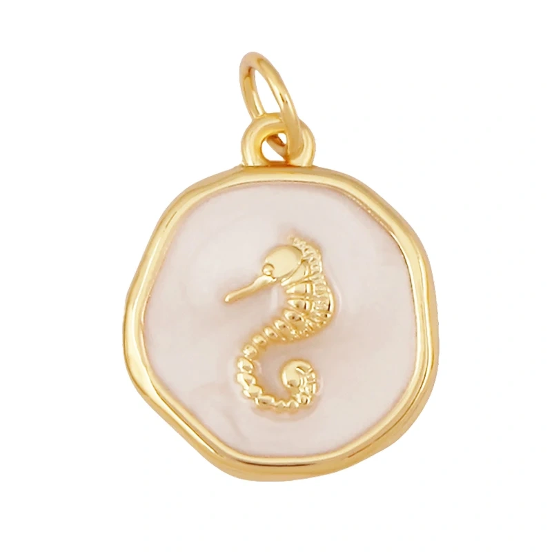 Blue White Tropical Ocean Shell Conch Seahorse Sea Fish Charm Pendant,Gold Plated Zircon Jewelry Findings Supply S93