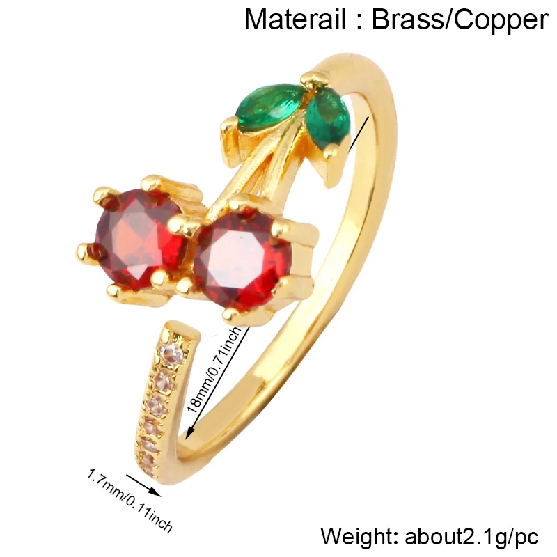 Fruit Red Cherry Strawberry Finger Ring,18K Real Gold Plated Open Adjustable Rings Charm Jewelry Findings Supplies S60