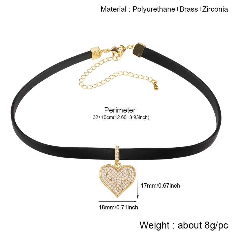 Black Heart Star Oval Choker Short CZ PU Leather Necklace, Plated with real gold,not easy to tarnish,Summer Beach Jewelry S60