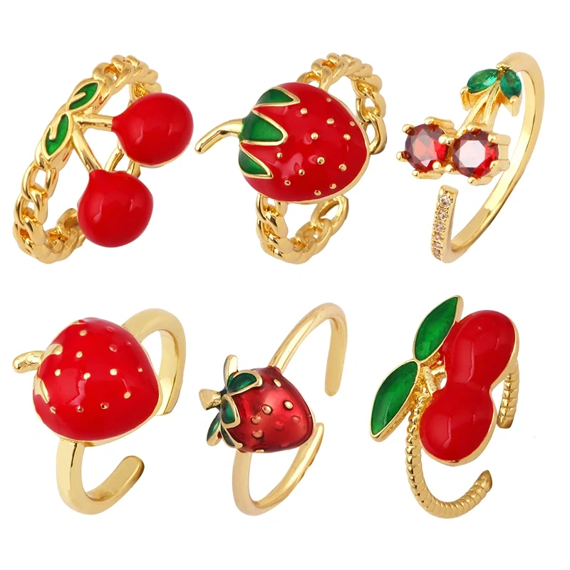 Fruit Red Cherry Strawberry Finger Ring,18K Real Gold Plated Open Adjustable Rings Charm Jewelry Findings Supplies S60