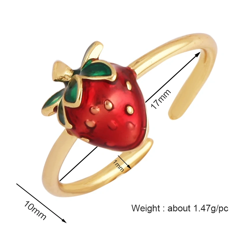 Fruit Red Cherry Strawberry Finger Ring,18K Real Gold Plated Open Adjustable Rings Charm Jewelry Findings Supplies S60